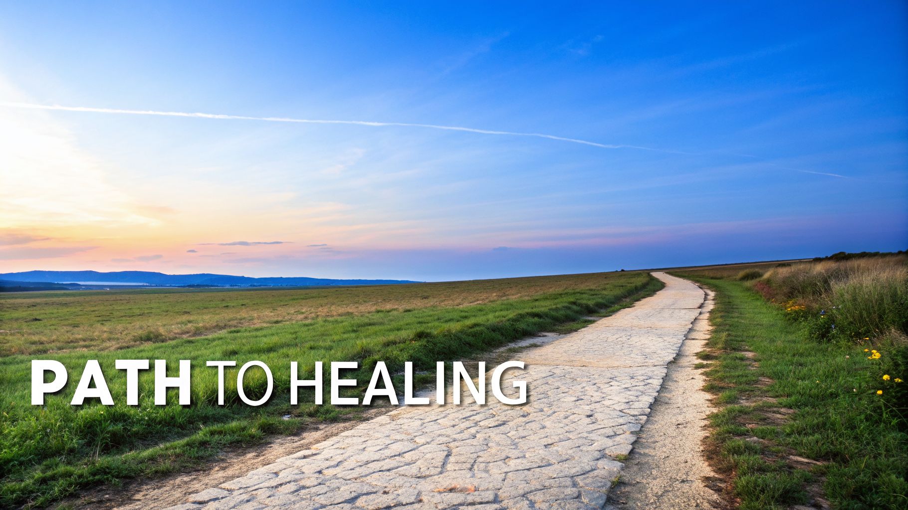 A winding stone path stretches through a vibrant green field under a beautiful sunset sky with “PATH TO HEALING” overlay.
