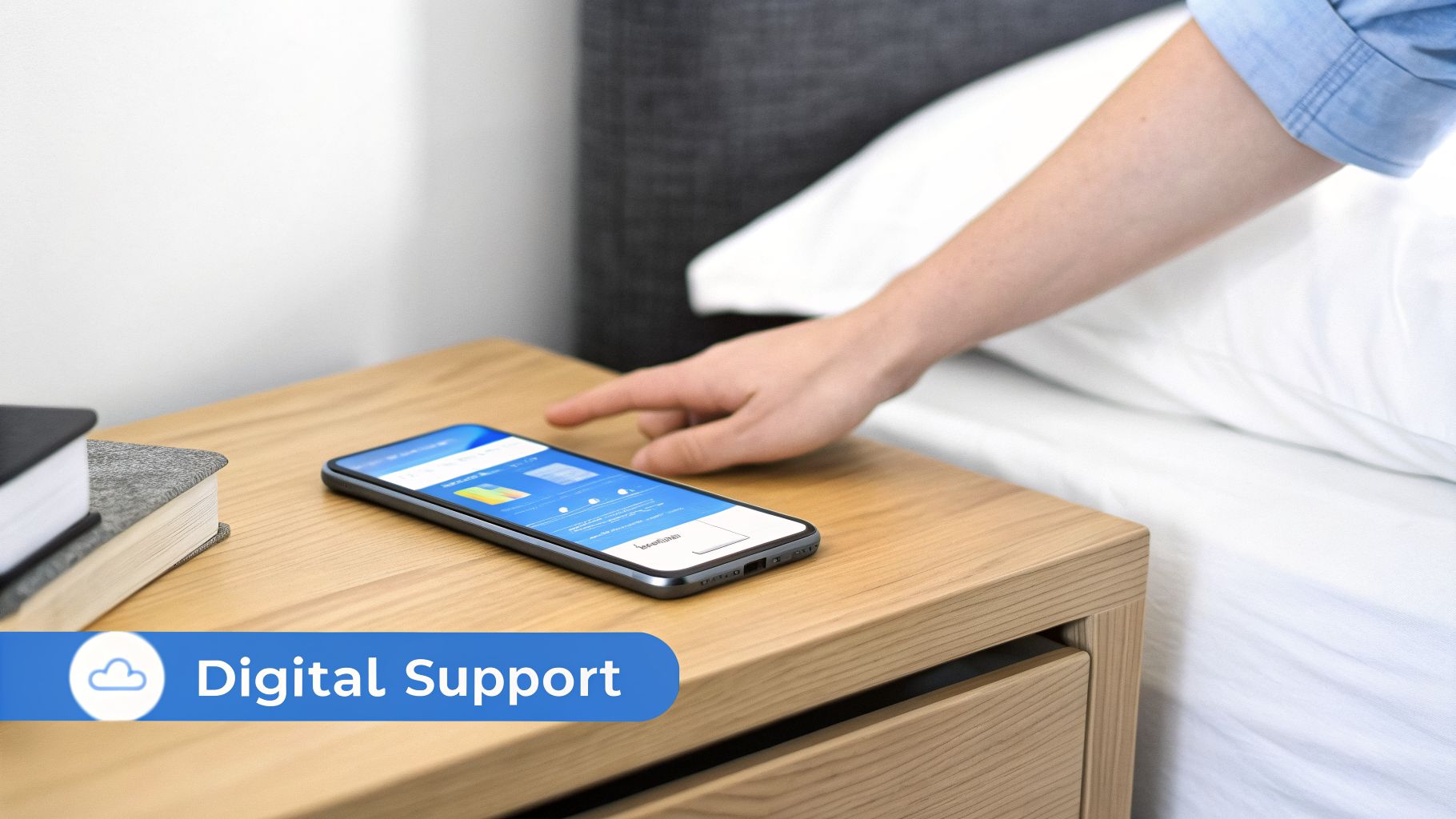 A person's hand reaches for a smartphone displaying an app on a wooden nightstand next to books.