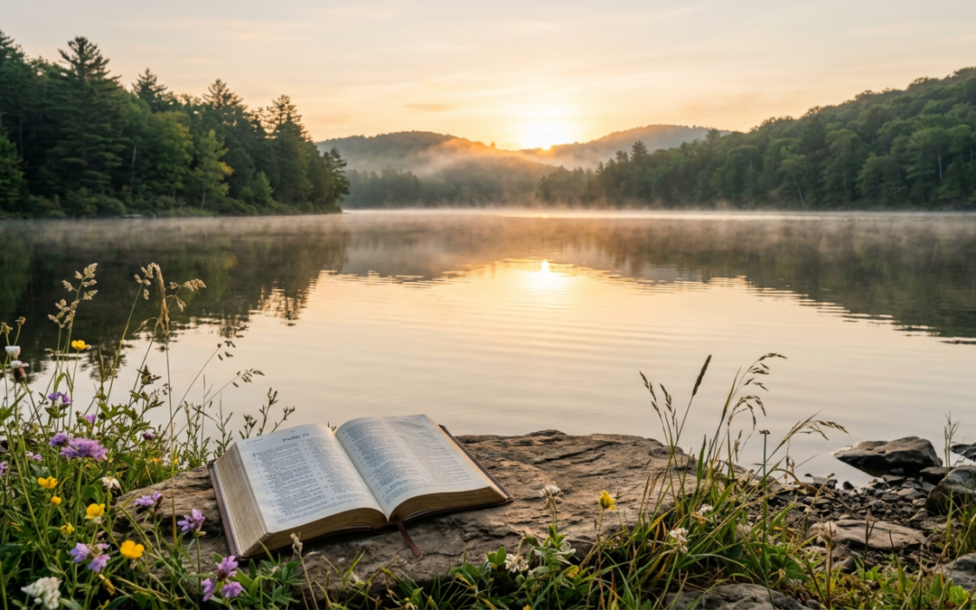 Serene lake at sunrise with gentle mist and an open Bible resting by the water, symbolizing peaceful mind renewal through Scripture.