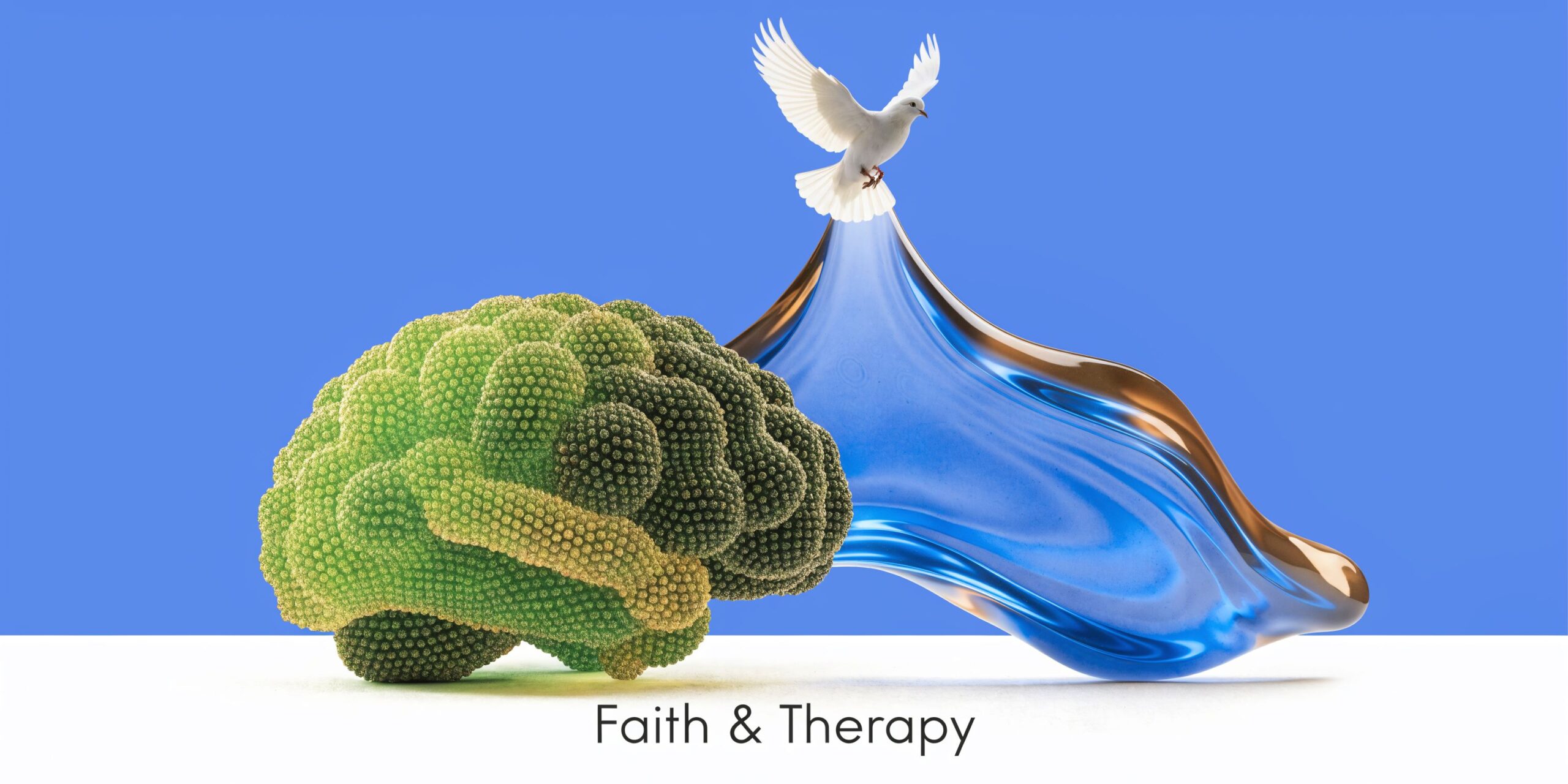 A conceptual illustration featuring a brain made of broccoli next to a flowing blue liquid and a white dove.