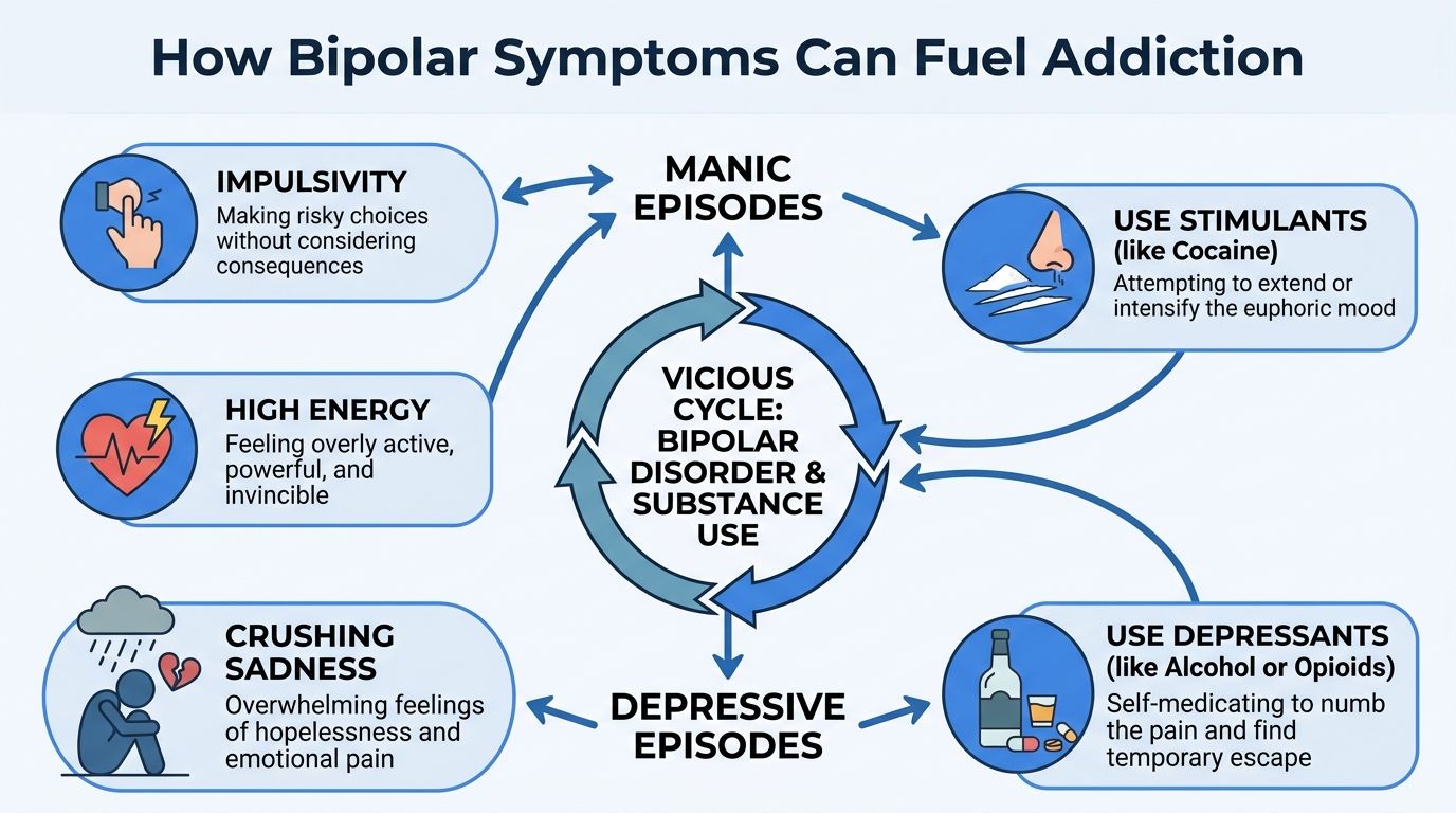 A diagram illustrating how bipolar disorder symptoms like mania and depression can lead to substance abuse cycles.