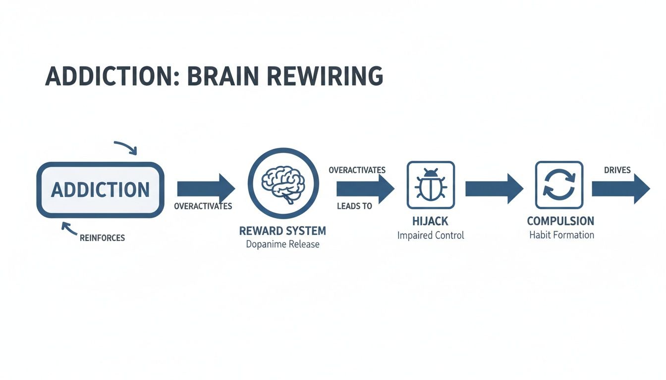 Diagram illustrating how addiction overactivates the brain's reward system, leading to impaired control and compulsion.