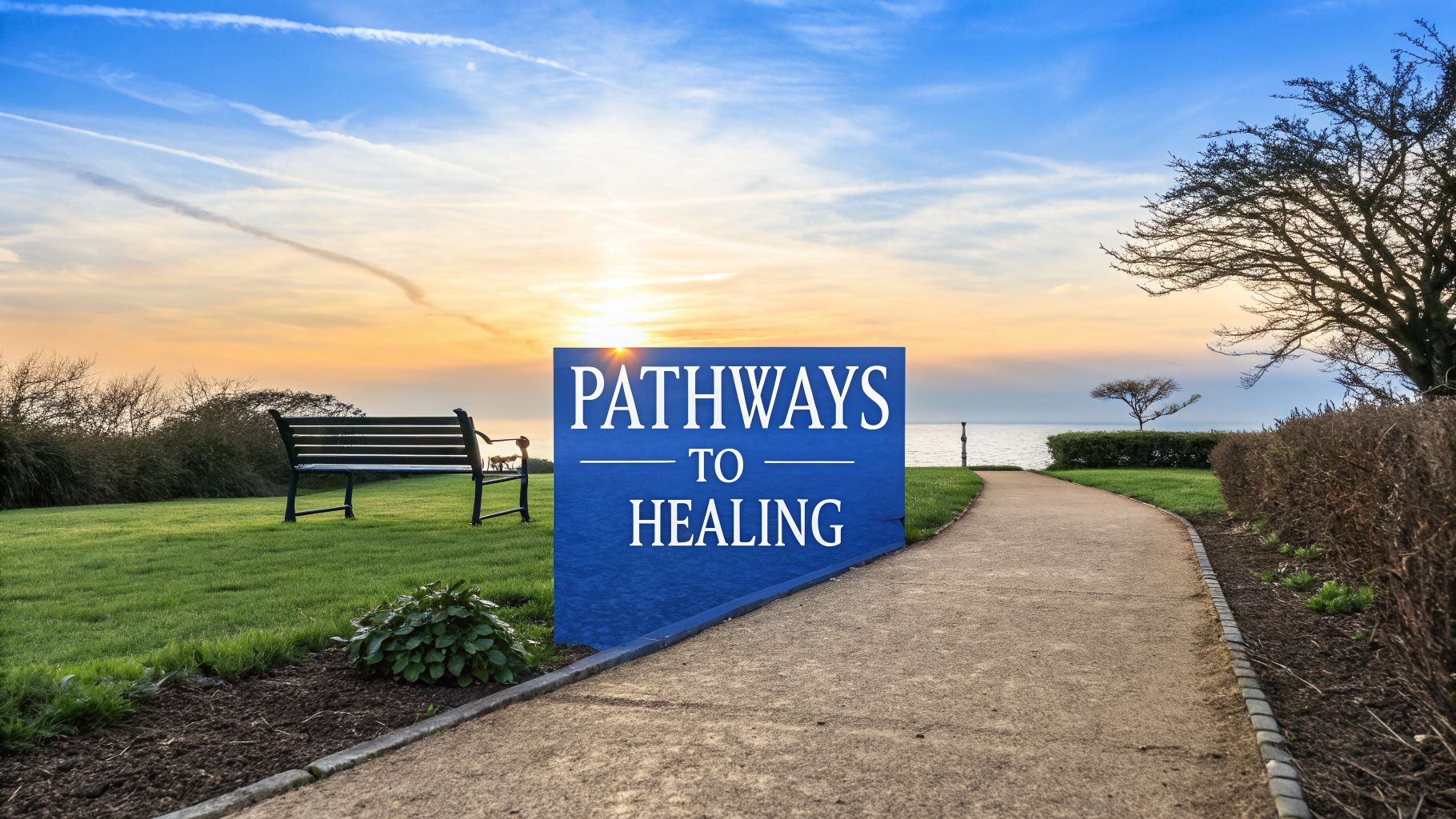 A serene park path leading towards the sea at sunset, featuring a bench and a sign reading 'PATHWAYS TO HEALING'.