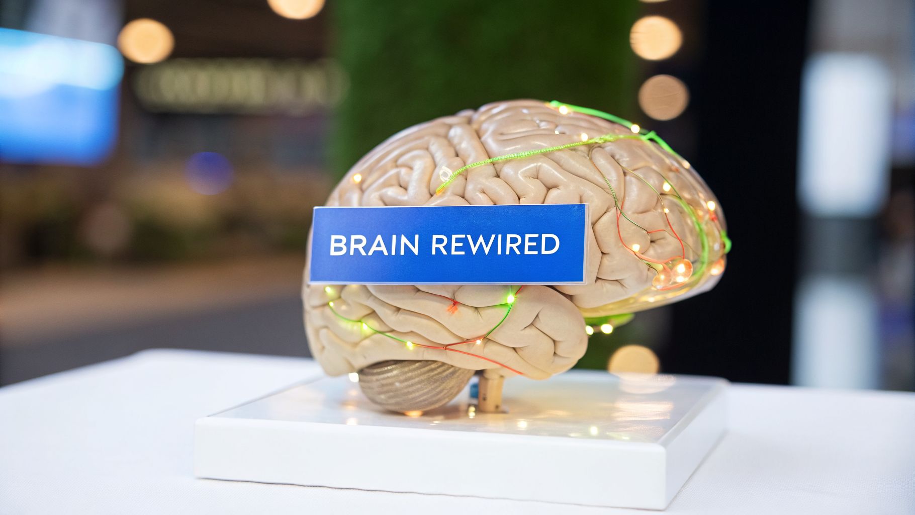 A model of a human brain with glowing lights and wires, displaying a 'BRAIN REWIRED' sign.