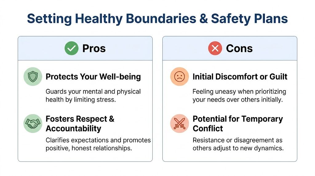 A pros and cons comparison chart about the benefits and challenges of setting healthy personal boundaries.