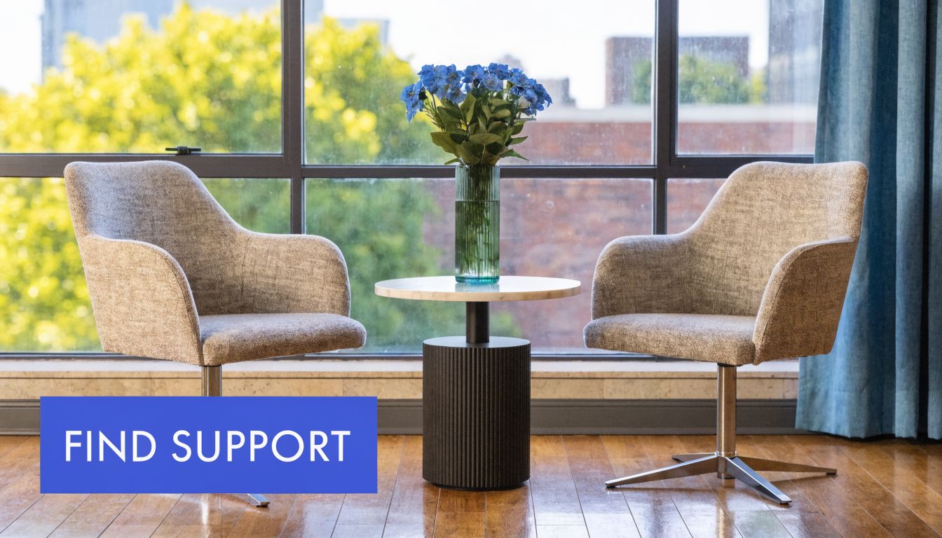 Two comfortable armchairs with a small table and a vase of blue flowers in a bright room.