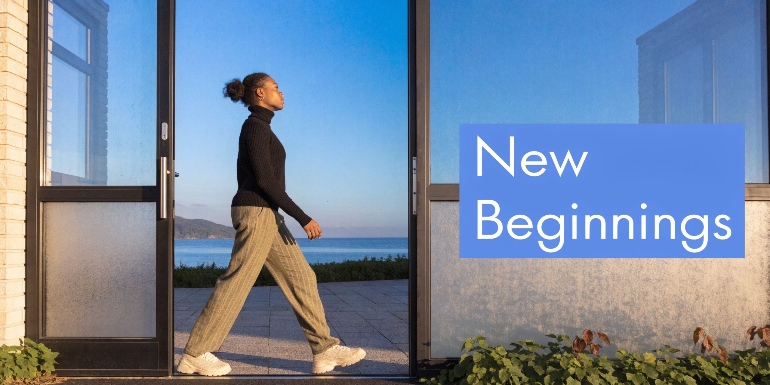 woman walking towards the words "New Beginnings" signaling her life in recovery after rehab