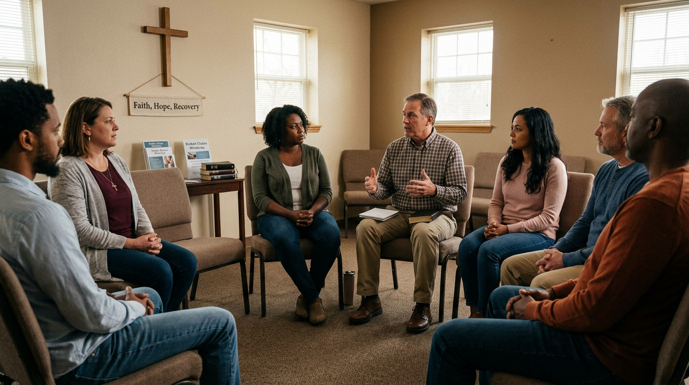 Diverse group of adults sitting in a supportive Christian counseling circle for faith-based addiction recovery, with a wooden cross and "Faith, Hope, Recovery" sign on the wall in a warm meeting room.