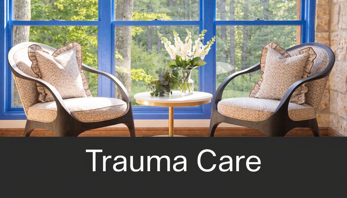 Two comfortable armchairs with decorative pillows and a small table with flowers in front of window.