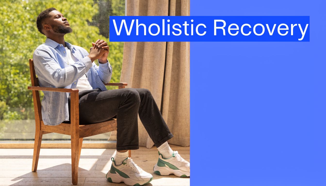 A calm Black man sitting in a wooden chair by a sunny window, reflecting on personal growth.