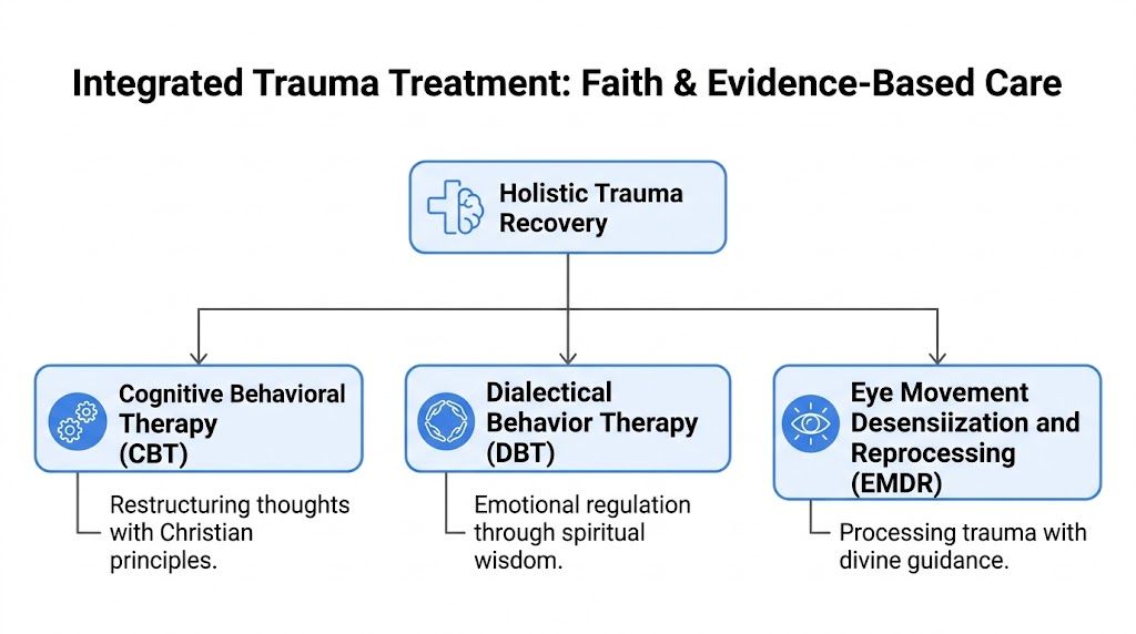 A diagram illustrating integrated trauma recovery combining evidence-based therapies like CBT, DBT, and EMDR with Christian faith principles.