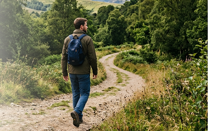 "Man walking away on a scenic rural path with bright natural light – outpatient recovery visual for Grace Recovery Services."