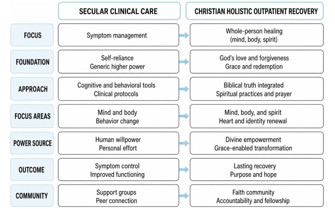 comparison of secular clinical care vs Christian holistic outpatient recovery