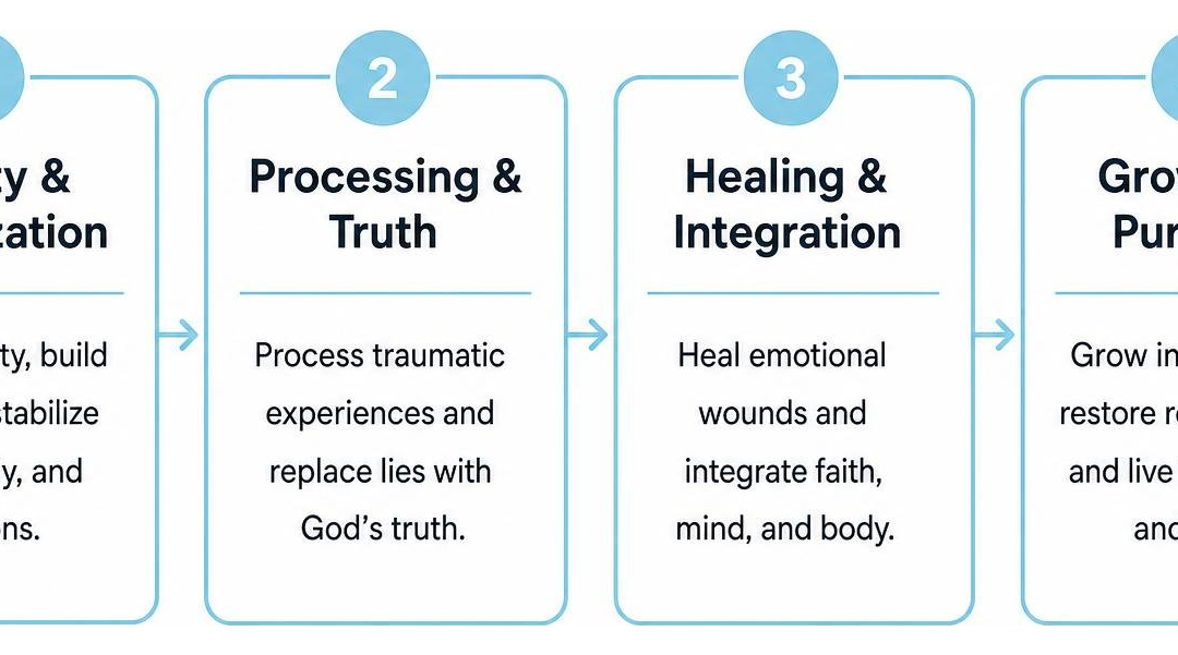 Diagram showing the four-stage Counseling Blueprint for trauma and addiction recovery