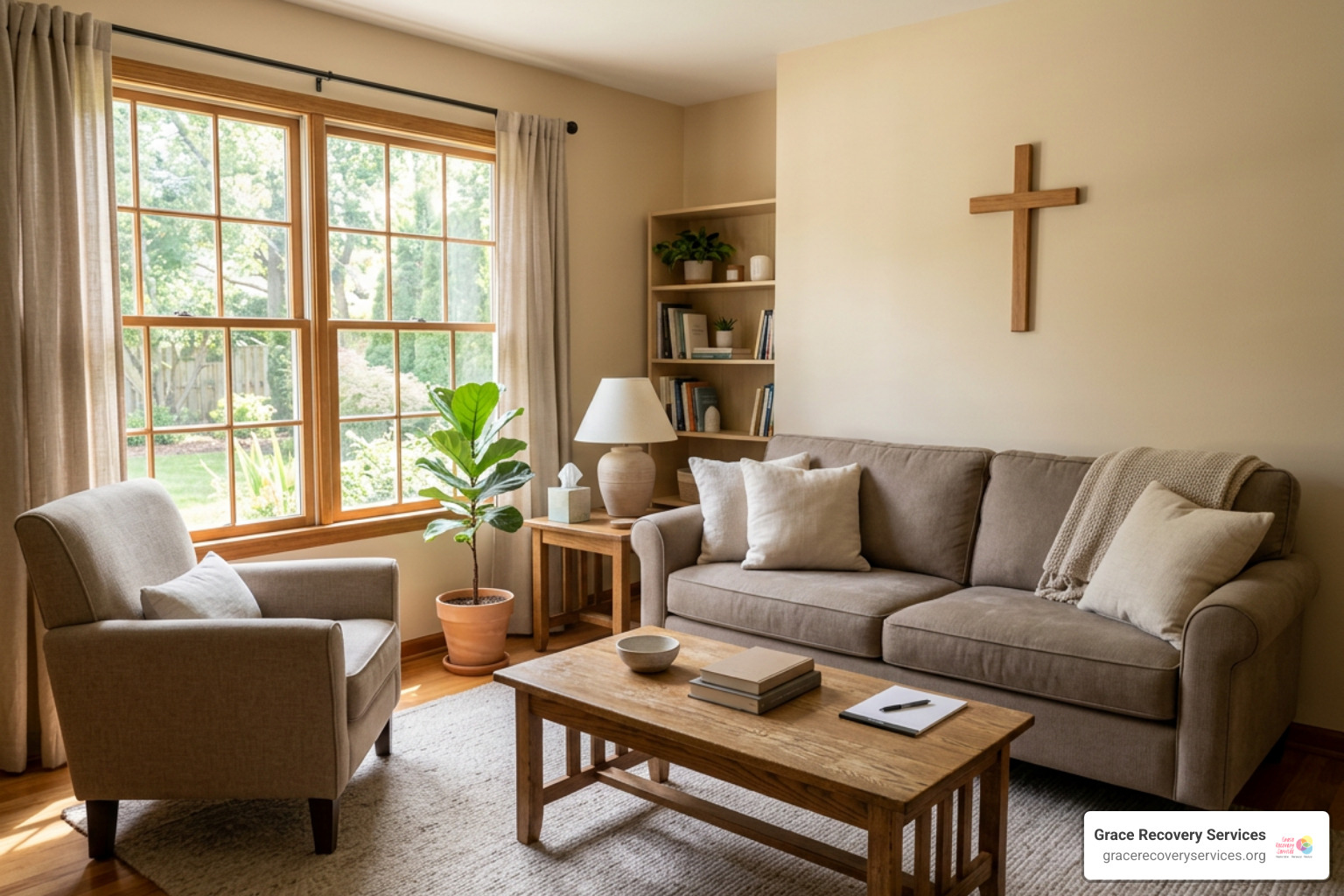peaceful outpatient counseling room with soft natural sunlight