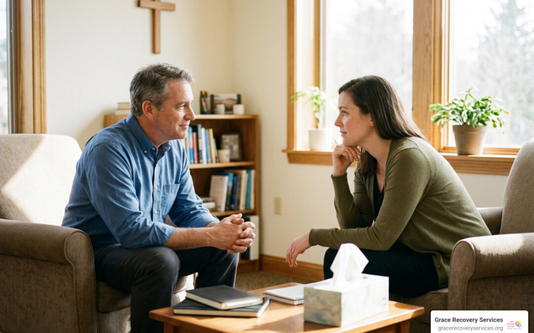 Compassionate pastoral counselor discussing spiritual reflection with a client