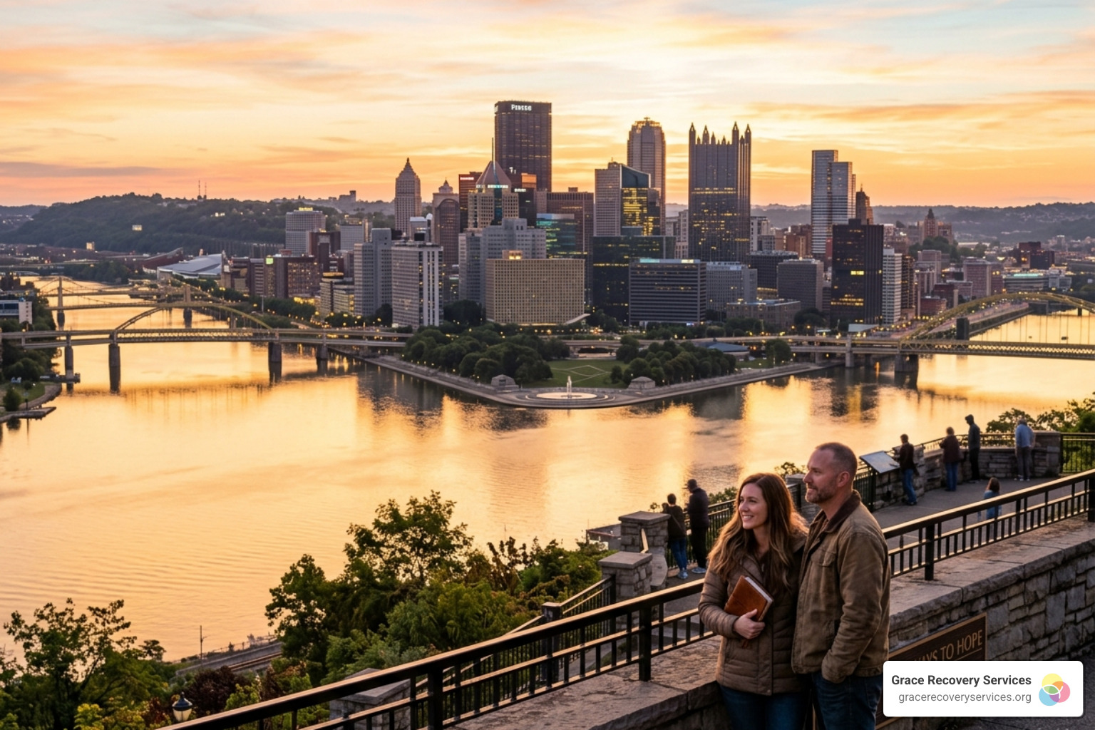 Christ centered addiction counseling peaceful sunrise Pittsburgh skyline - Christ centered addiction counseling
