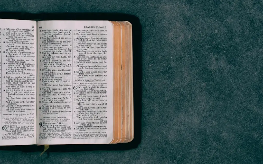 An open Bible lying on a dark textured surface.