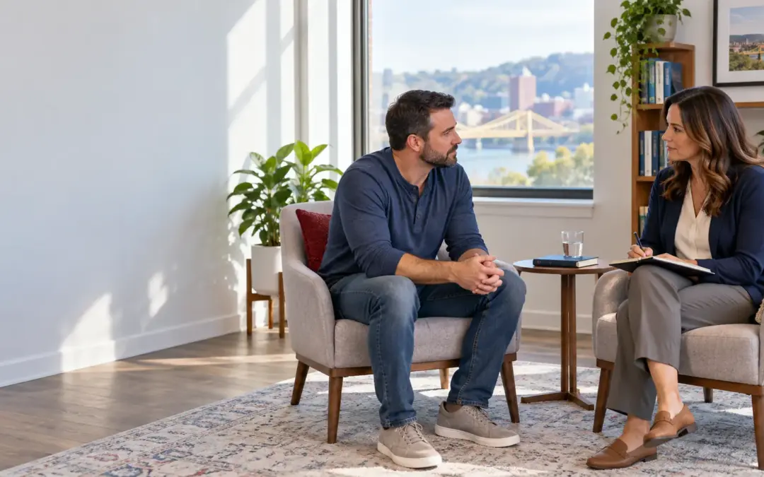 An adult speaks with a counselor in a bright outpatient office overlooking Pittsburgh.