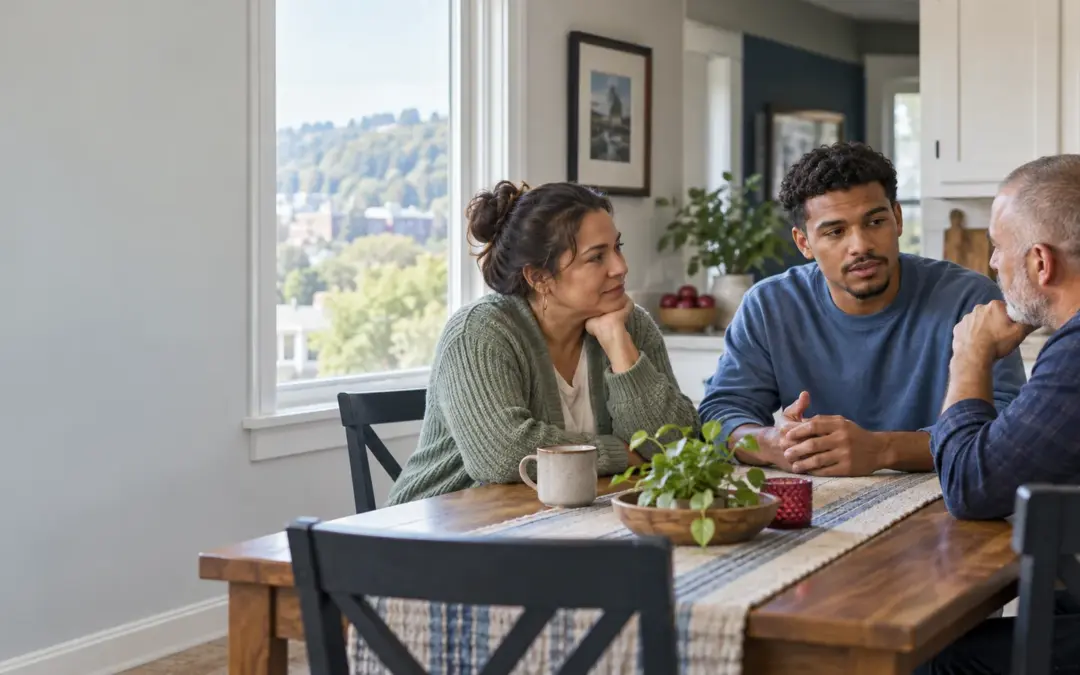 Three adult family members having a calm conversation at a kitchen table