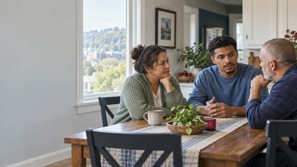 Three adult family members having a calm conversation at a kitchen table