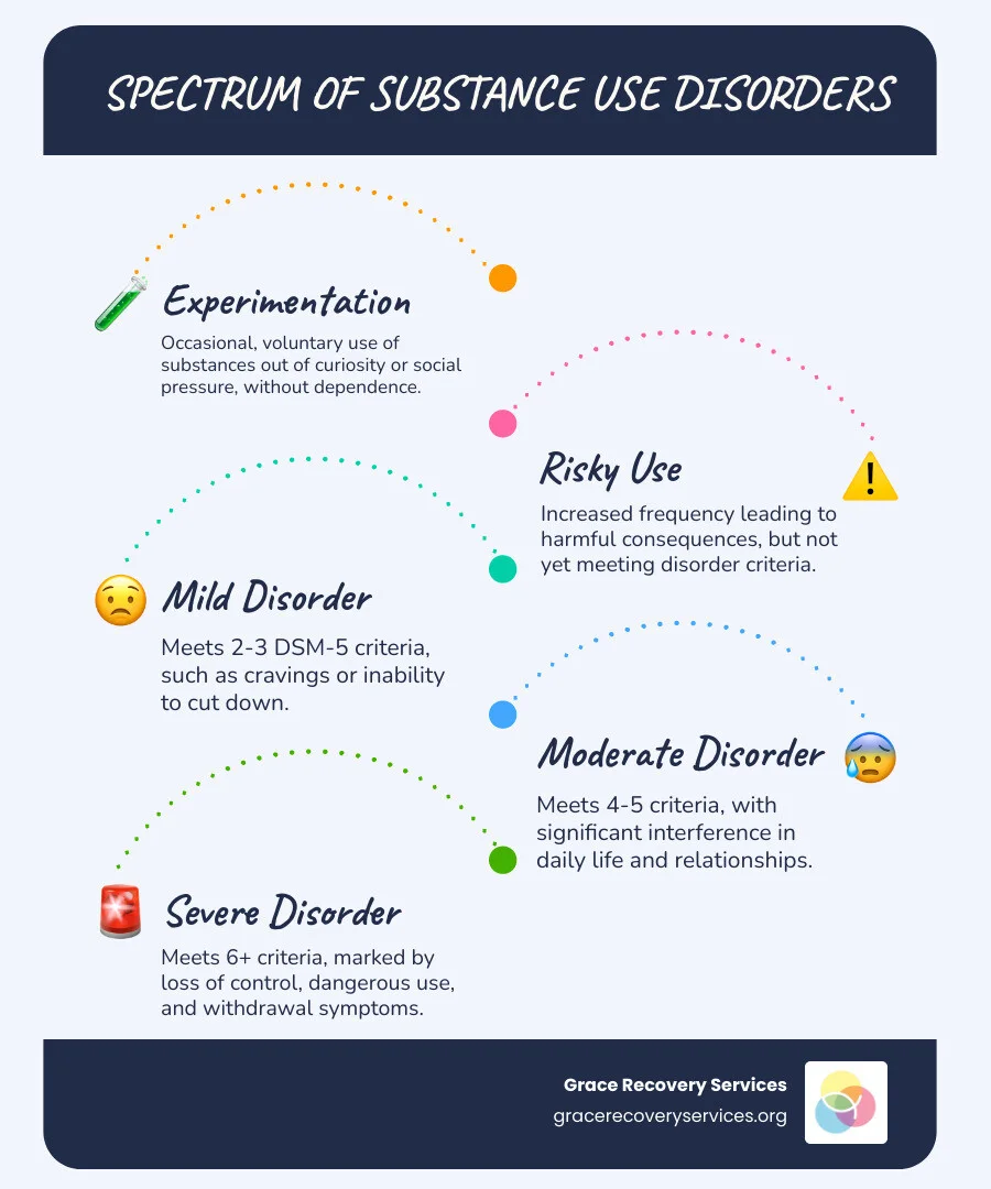 Infographic showing the spectrum of substance use disorders from experimentation to mild, moderate, and severe disorder with Infographic showing the spectrum of substance use disorders from experimentation to mild, moderate, and severe disorder with